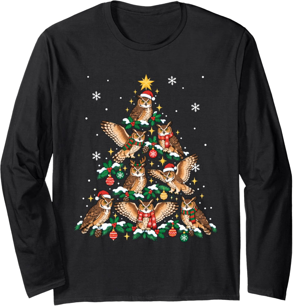 Great Horned Owl Christmas Tree Bird Watcher Nerd Holiday Long Sleeve T-Shirt - Adult Unisex Black