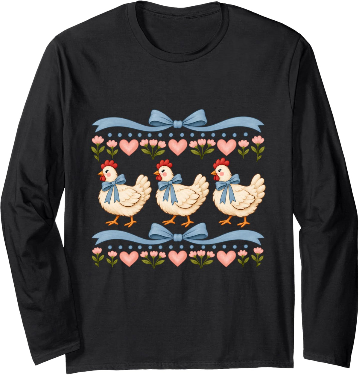 Cute Chicken Blue Bow Ribbon Hearts Flowers Hen Lover Women Long Sleeve T-Shirt - Adult Unisex Black