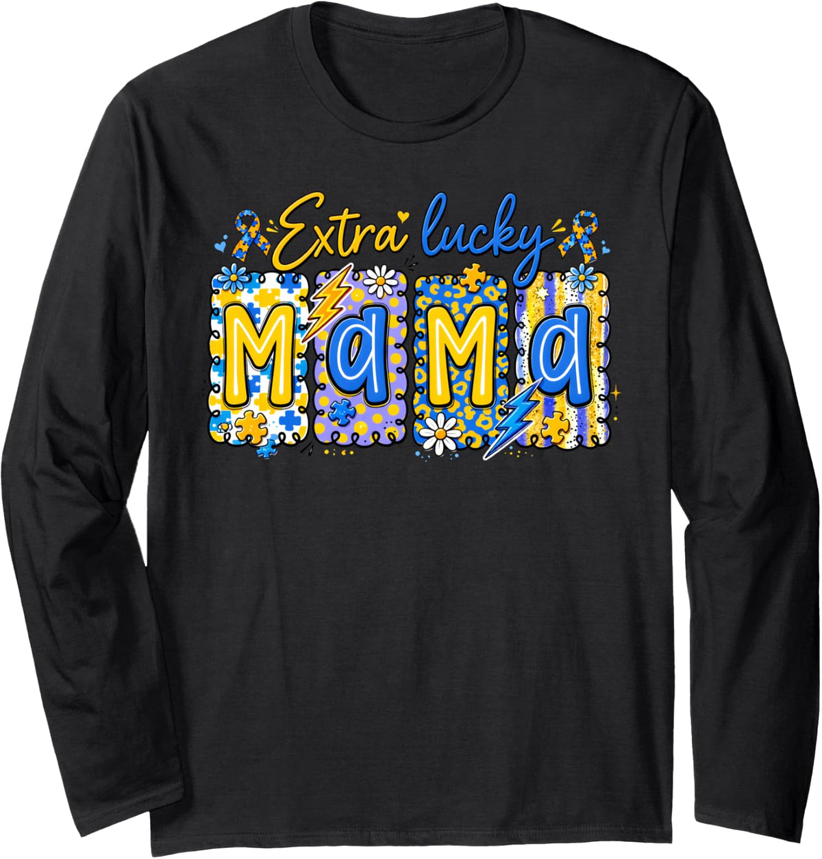 Extra Lucky Mama Down Syndrome Awareness Puzzle Ribbon Long Sleeve T-Shirt - Adult Unisex Black