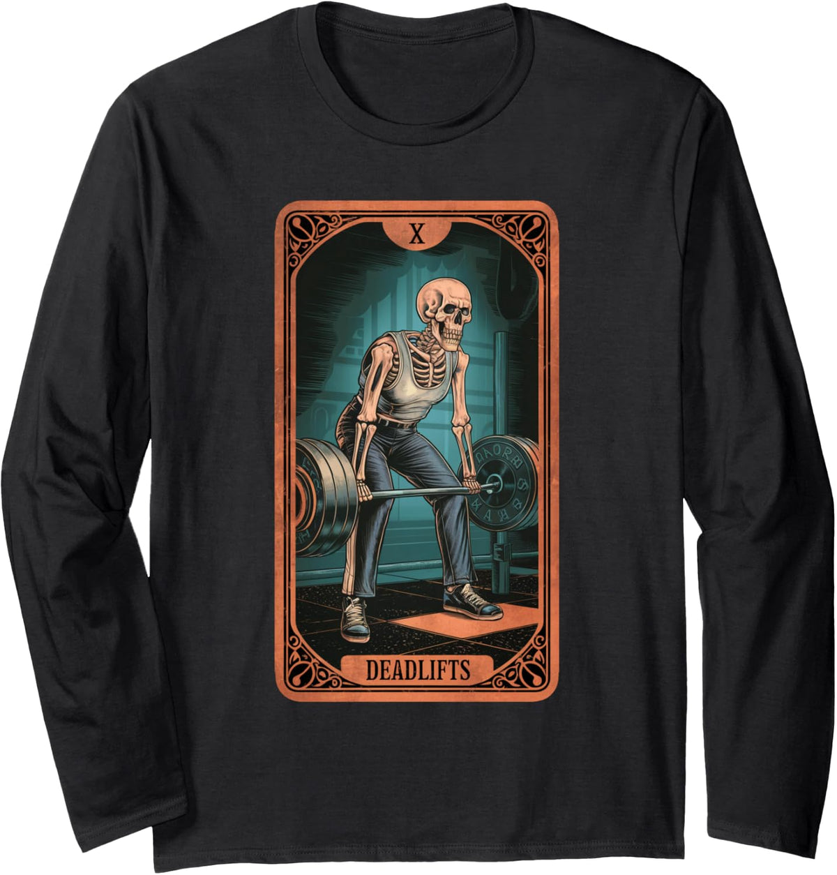 Tarot Skeleton Card Deadlifts Powerlifting Weightlifting Gym Long Sleeve T-Shirt - Adult Unisex Black