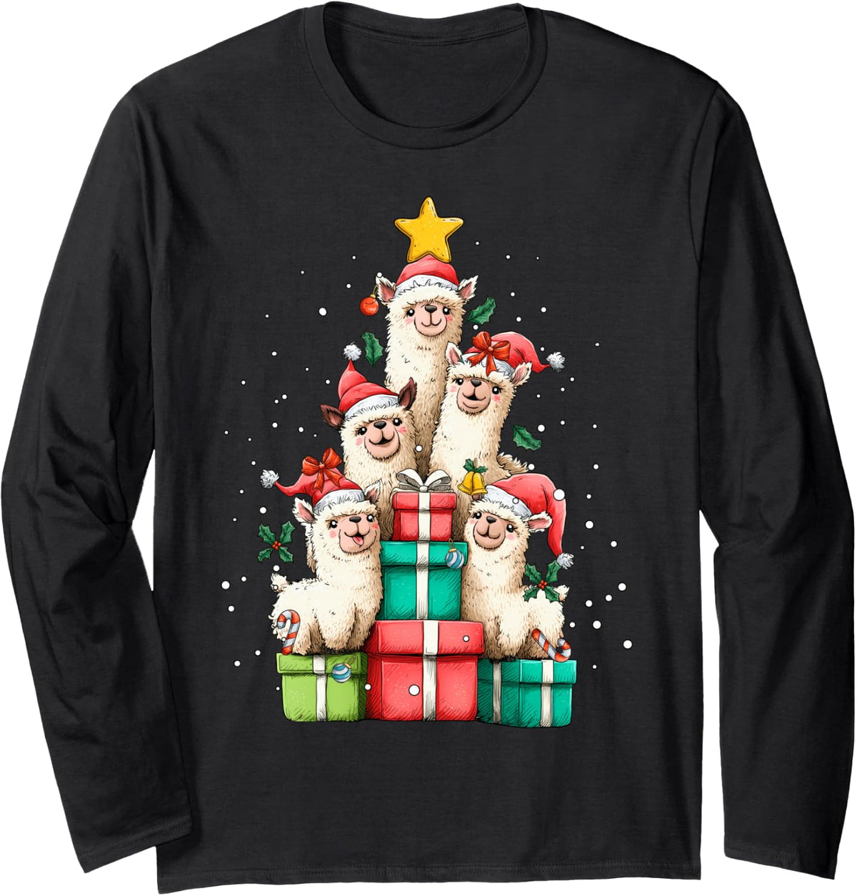 Cute Llama Alpaca Christmas Tree Xmas Long Sleeve T-Shirt - Adult Unisex Black