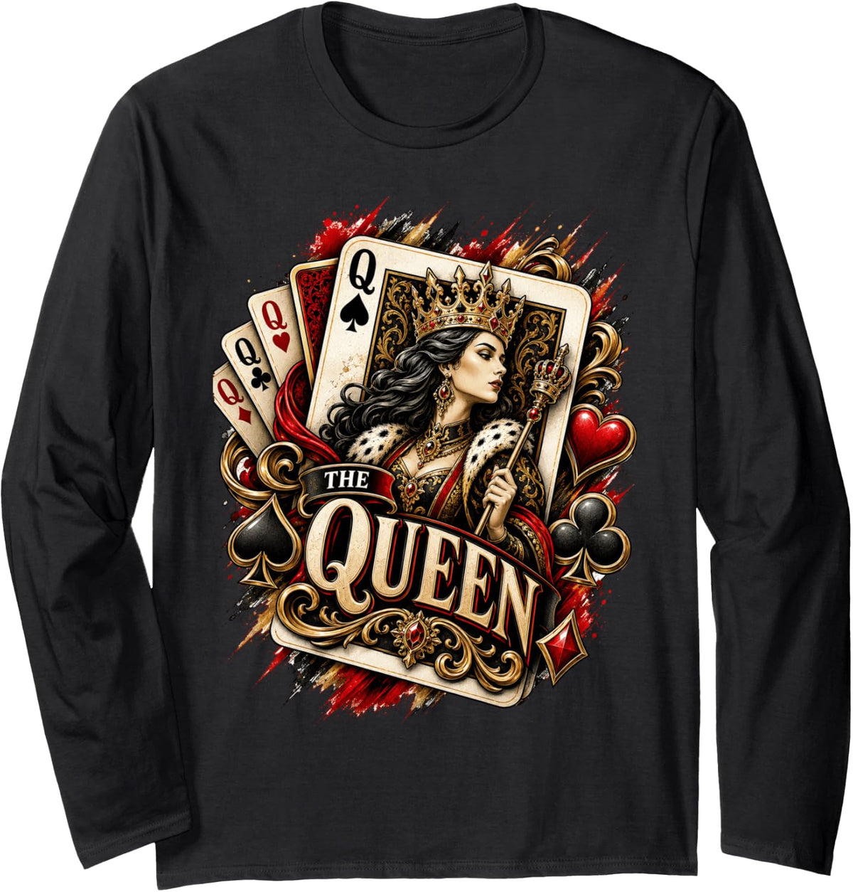 Funny Card Game Couple The Queen Card Playing Cards Lover Long Sleeve T-Shirt - Adult Unisex Black