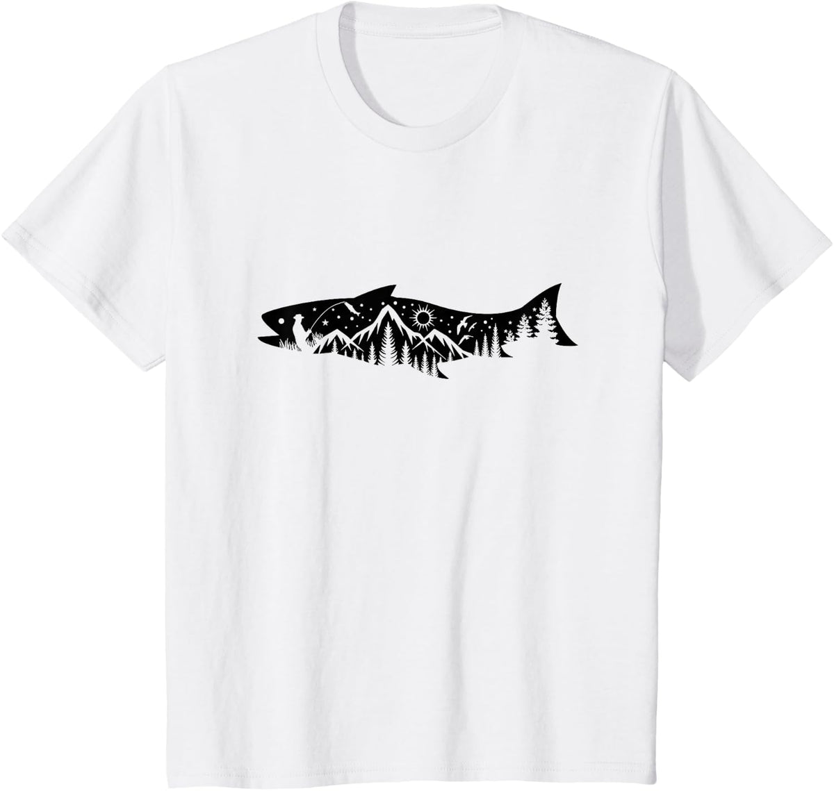 Fishing Forest Mountain Silhouette Outdoor Adventure Fishing T-Shirt - White