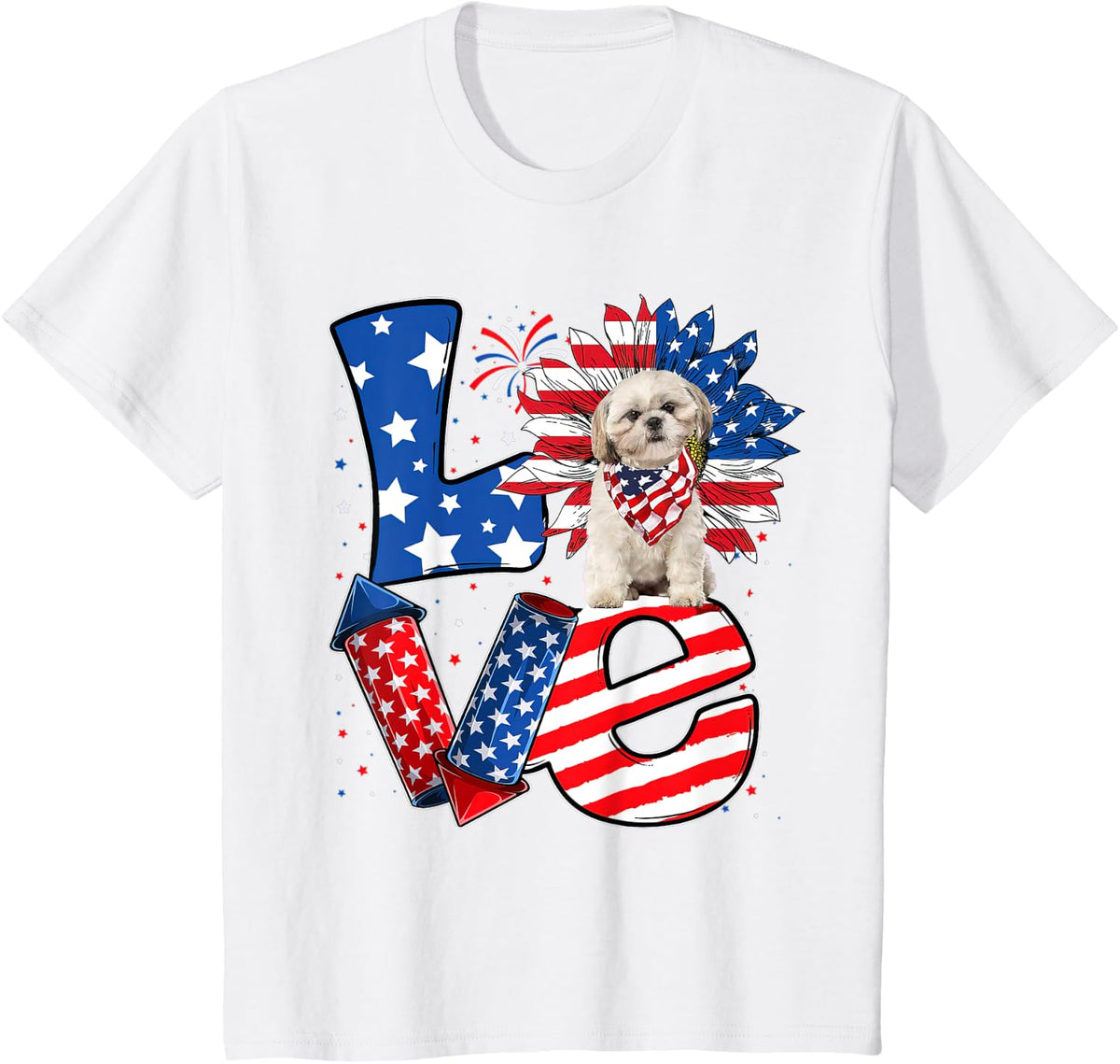 4th of July Decor Patriotic LOVE Shih Tzu Dog USA Flag T-Shirt - White