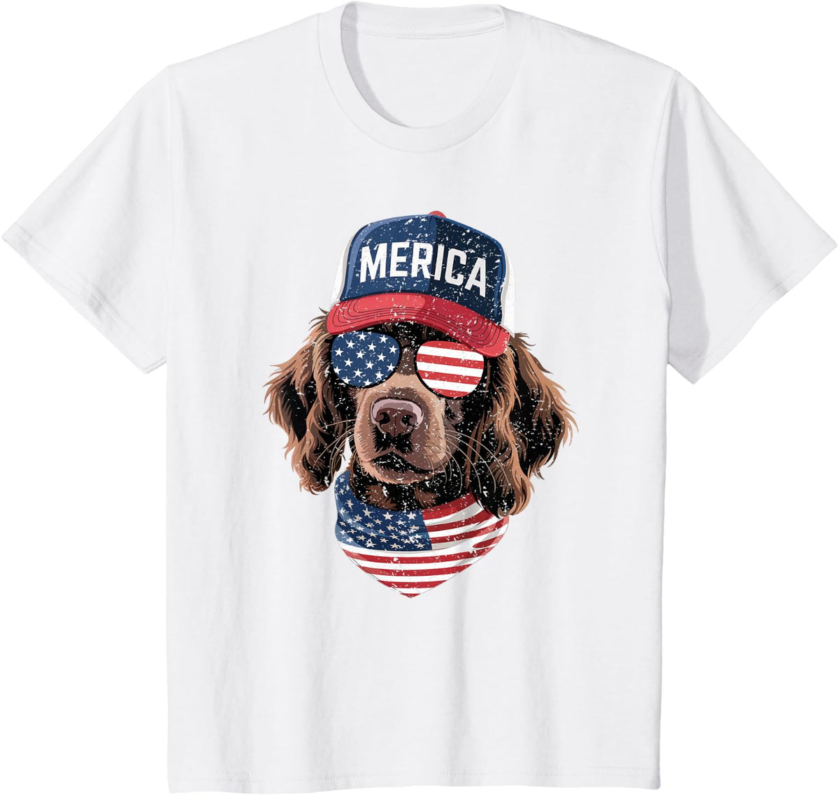 Boykin Spaniel 4th of July US American Flag Dog Patriotic T-Shirt - White