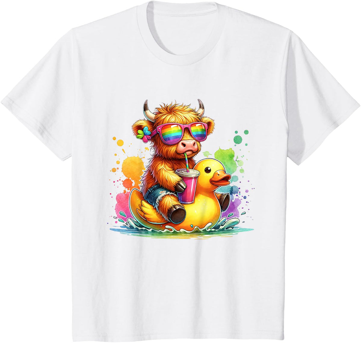Cute Highland Cow Duck Pool Float Summer Vibes Swimming T-Shirt - White