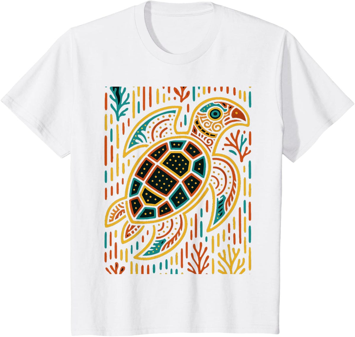 Sea Turtle Inspired by Mola Artwork of Panama Kuna T-Shirt - White