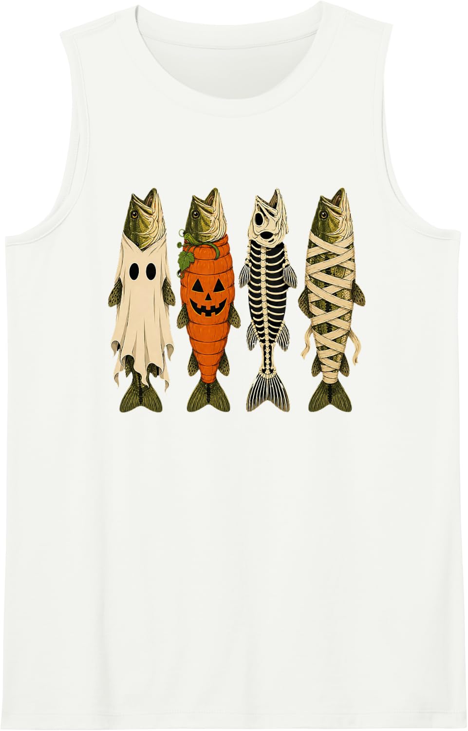 Ghost Pumpkin Skeleton Mummy Bass Funny Halloween Fishing Sleeveless Tank Top - White