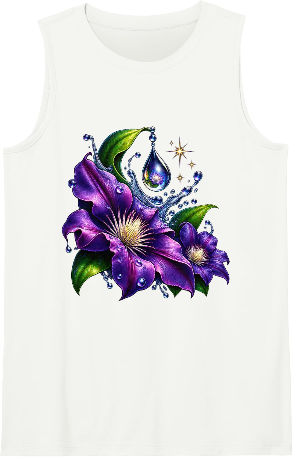 Spring Raindrop with Purple Clematis Flowers Sleeveless Tank Top - White