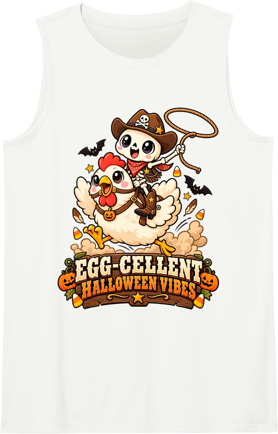 Egg-cellent Halloween Vibes Funny Skeleton Riding Chicken Sleeveless Tank Top - White