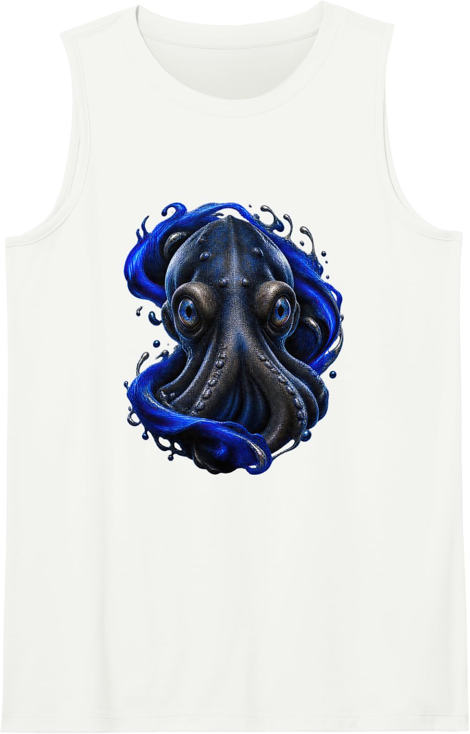 Octopus with Cobalt Ink Swirl Ocean Art Sleeveless Tank Top - White