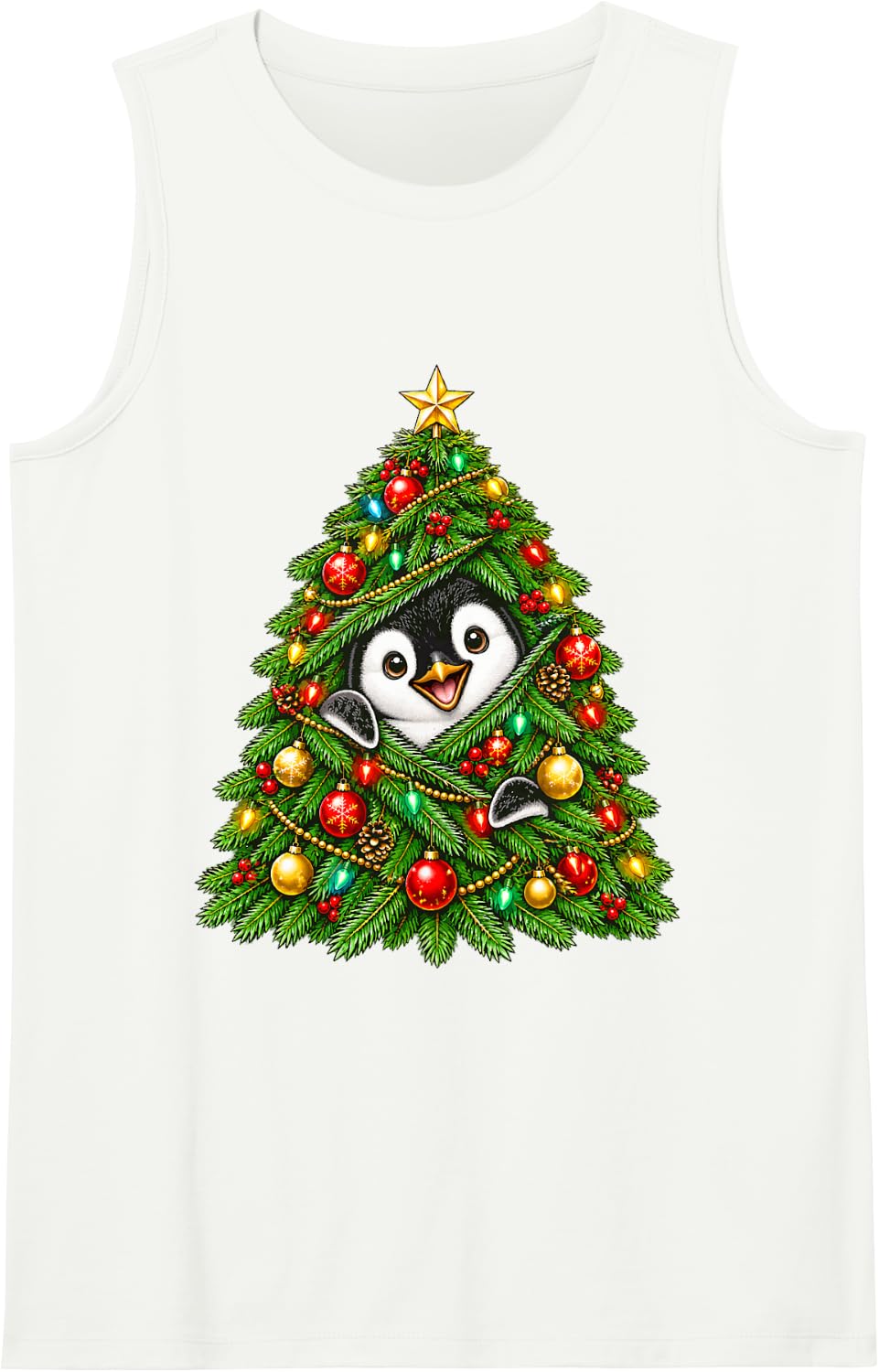 Cute Penguin Peeking with Christmas Tree Festive Lights Xmas Sleeveless Tank Top - White
