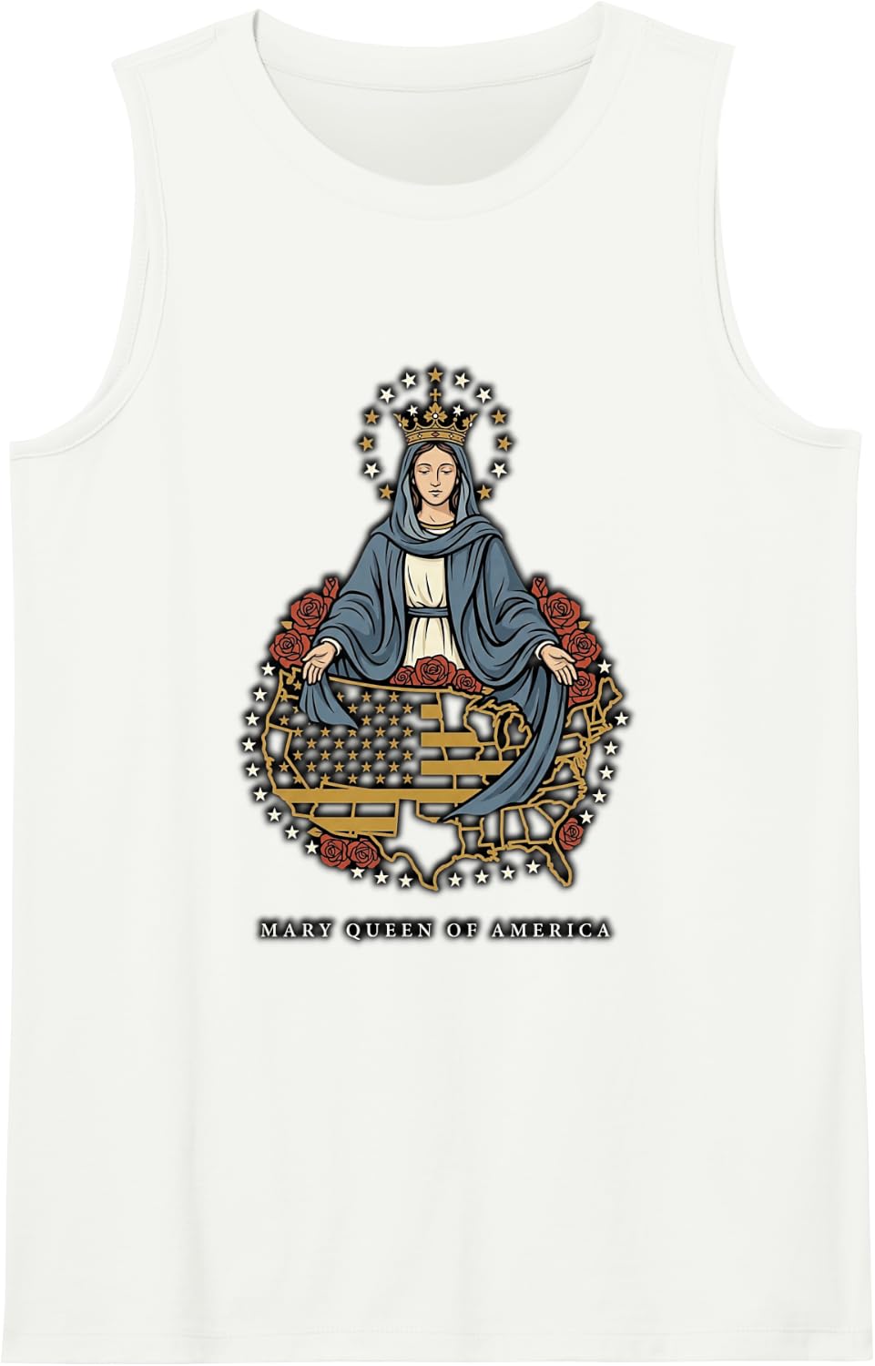 Mary Queen of America Crowned with Roses Catholic Sleeveless Tank Top - White