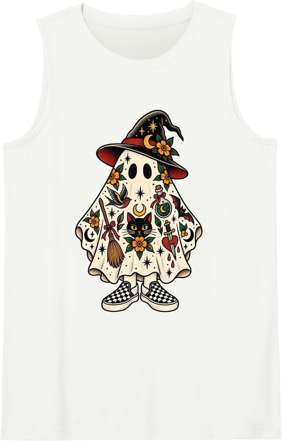 Witch Ghost Emo Gothic Tattoo Lovers Skater Halloween Lover Sleeveless Tank Top - White