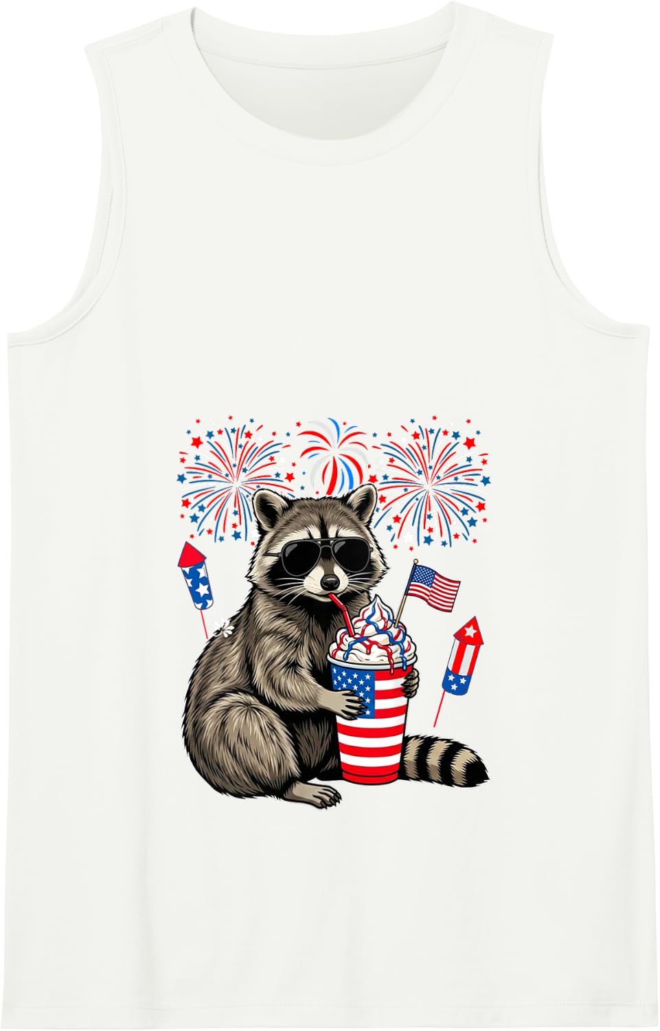Raccoon Sunglasses Coffeee 4th of July US Flag Fireworks Tank Top - White