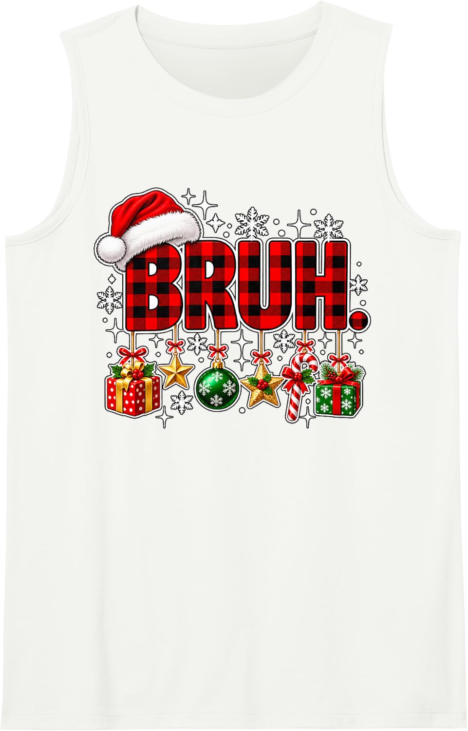 Bruh Plaid Letters Ornaments Presents Funny Christmas Sleeveless Tank Top - White
