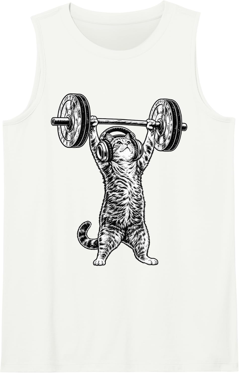 Vintage Weightlifting Cat with Headphones Gym Fitness Sleeveless Tank Top - White