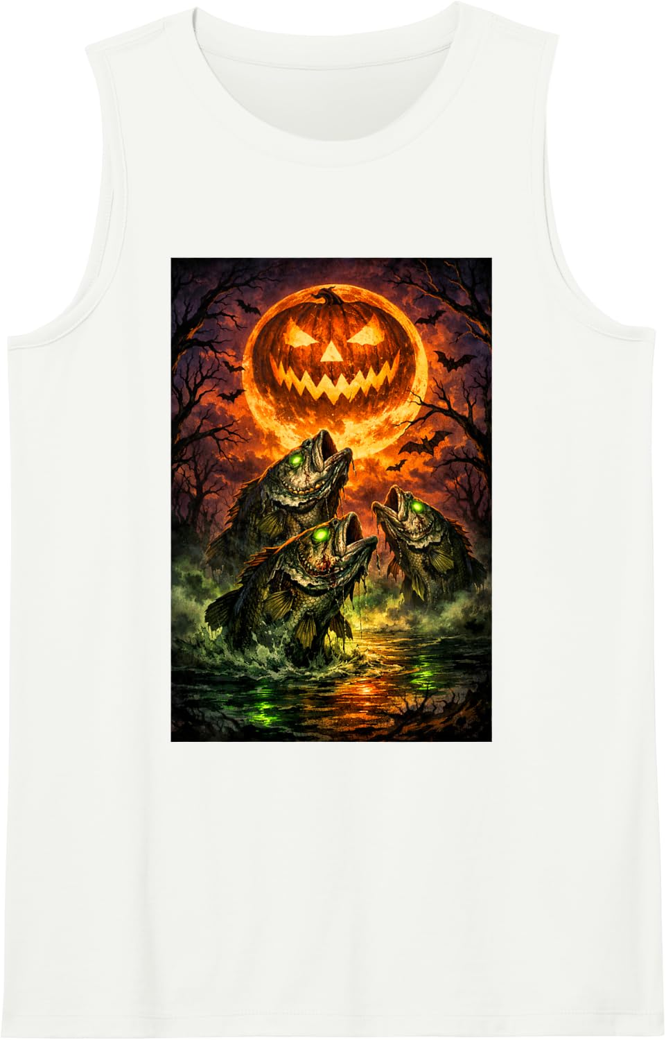 Halloween Bass Fish Howling at a Jack o Lantern Spooky Tank Top - White