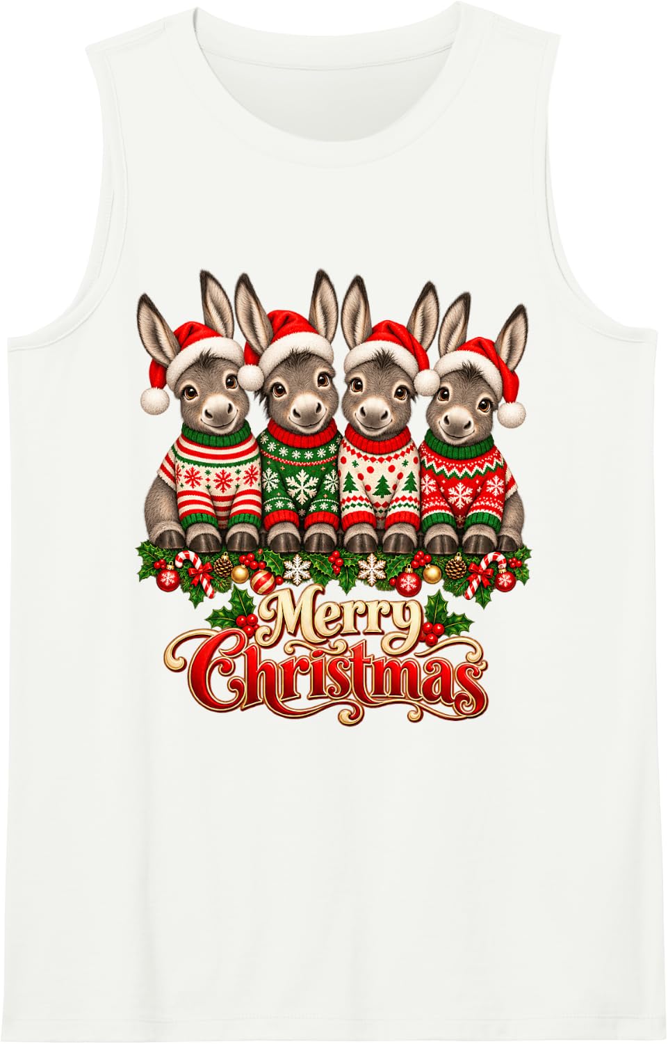 Merry Christmas Donkey Santa Hat Holiday Animal Lover Sleeveless Tank Top - White