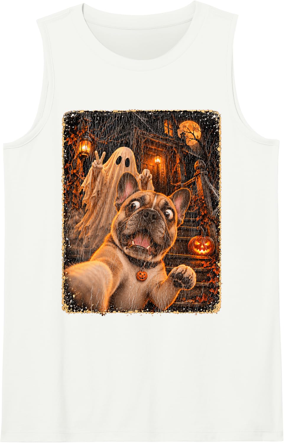 French Bulldog Selfie Ghost Sleeveless Tank Top - White