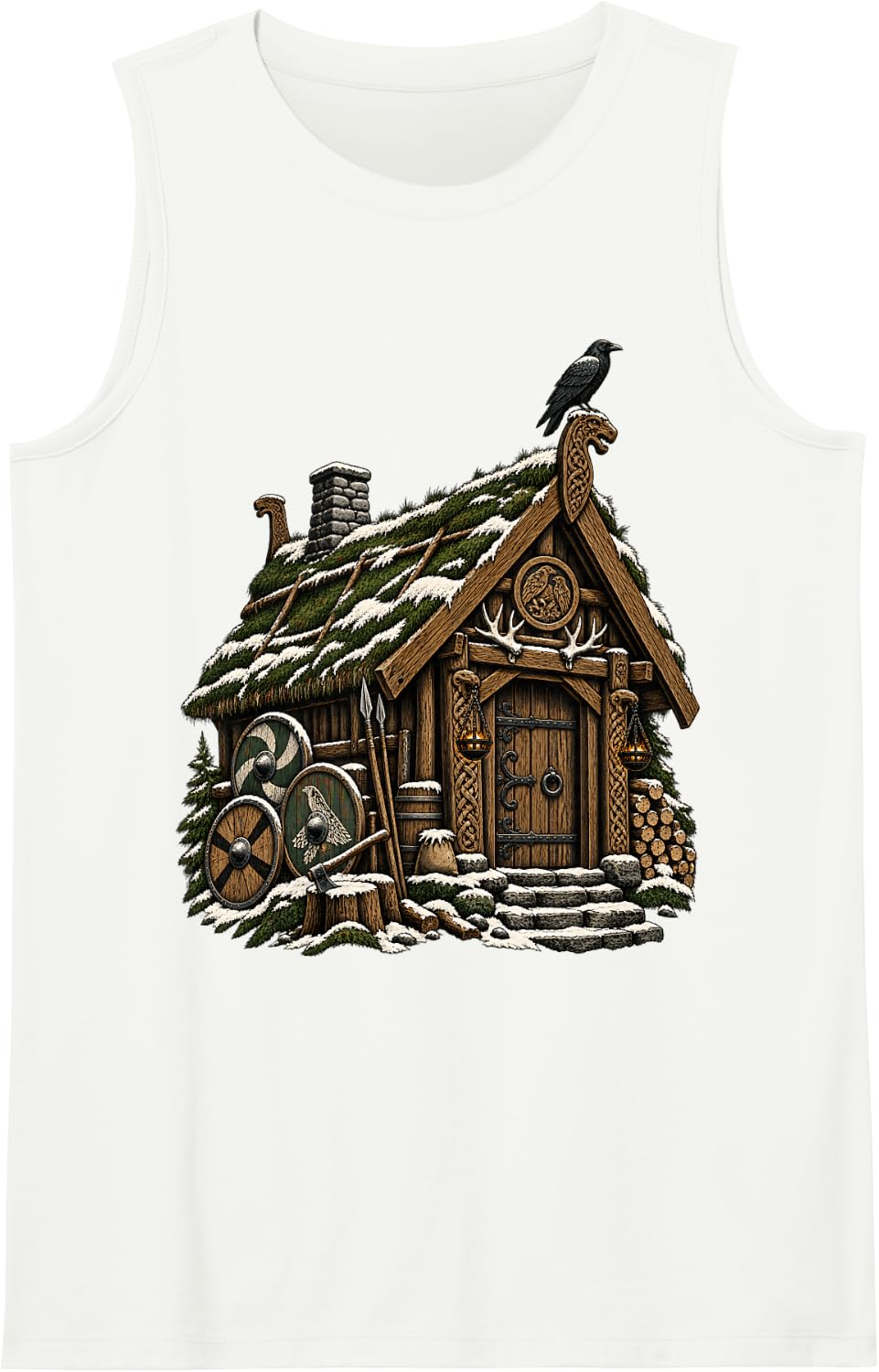 Snowy Viking Longhouse Raven Shield Nordic Art Sleeveless Tank Top - White