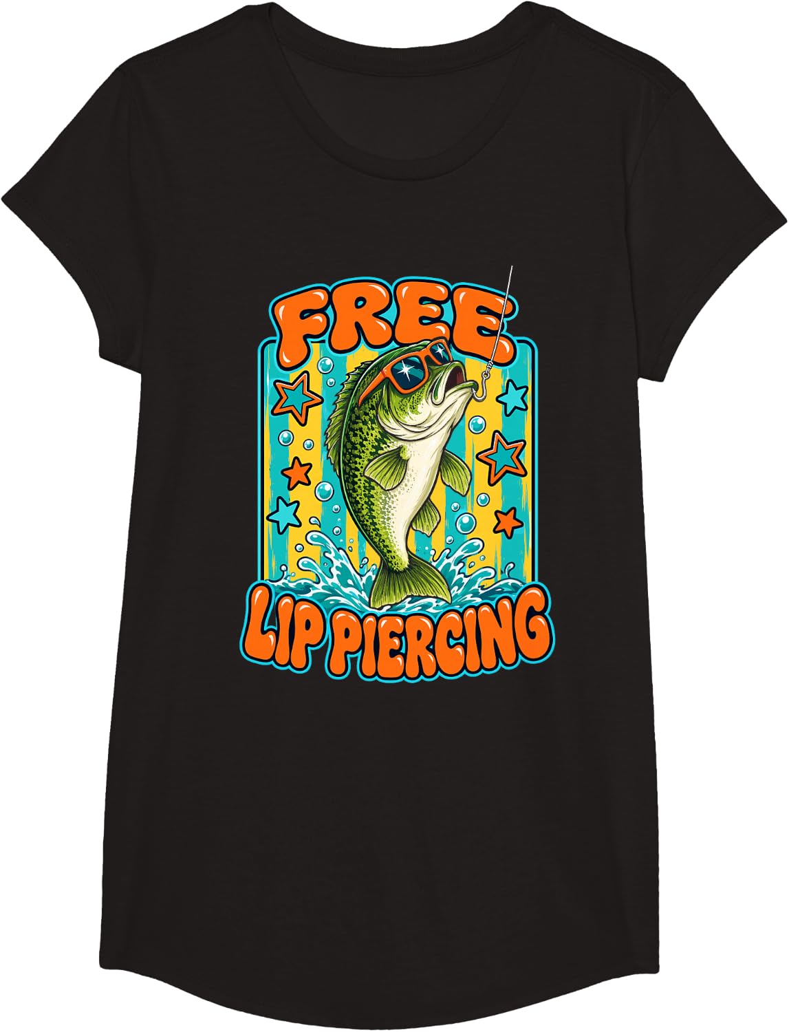 Free Lip Piercing Bass Fishing Fisherman Funny T-Shirt - Girls Black