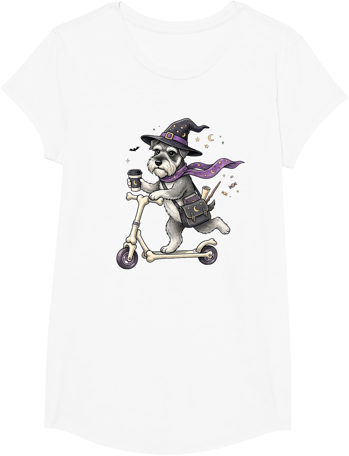 Miniature Schnauzer Scooter Witch Halloween Kids Mens Womens T-Shirt - Girls White