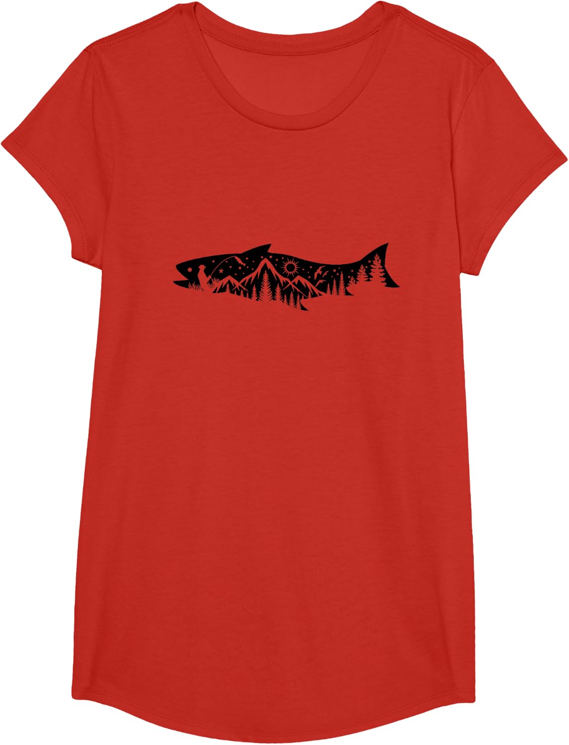 Fishing Forest Mountain Silhouette Outdoor Adventure Fishing T-Shirt - Girls Red