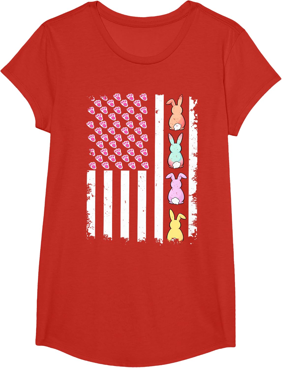 US American Flag with Bunny for Easter Day Men Women Kids T-Shirt - Girls Red