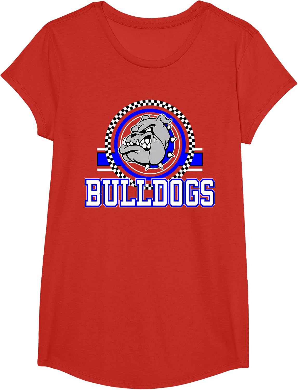 Bulldogs Checkered Print Logo Blue Bulldog Mascot School T-Shirt - Girls Red