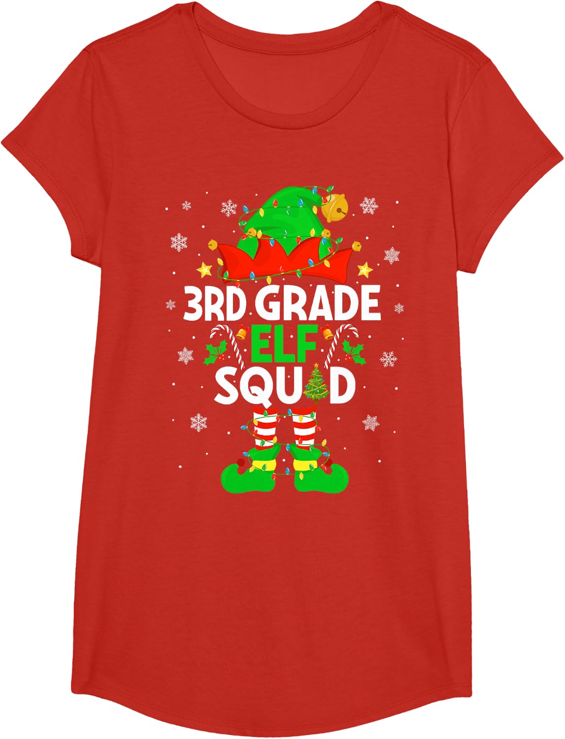 3rd Grade Elf Squad Christmas Third Grade Christmas Teacher T-Shirt - Girls Red
