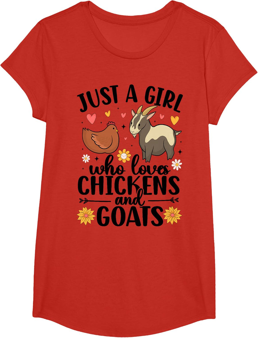 Cute Just A Girl Who Loves Chickens Goats Farmer Girls T-Shirt - Girls Red