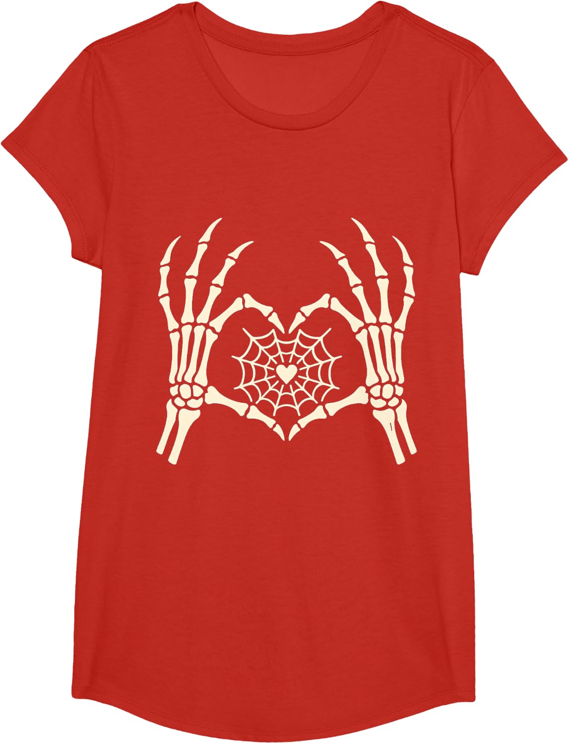 Valentine's Day Skeleton Hand Heart Spiderweb Halloween T-Shirt - Girls Red
