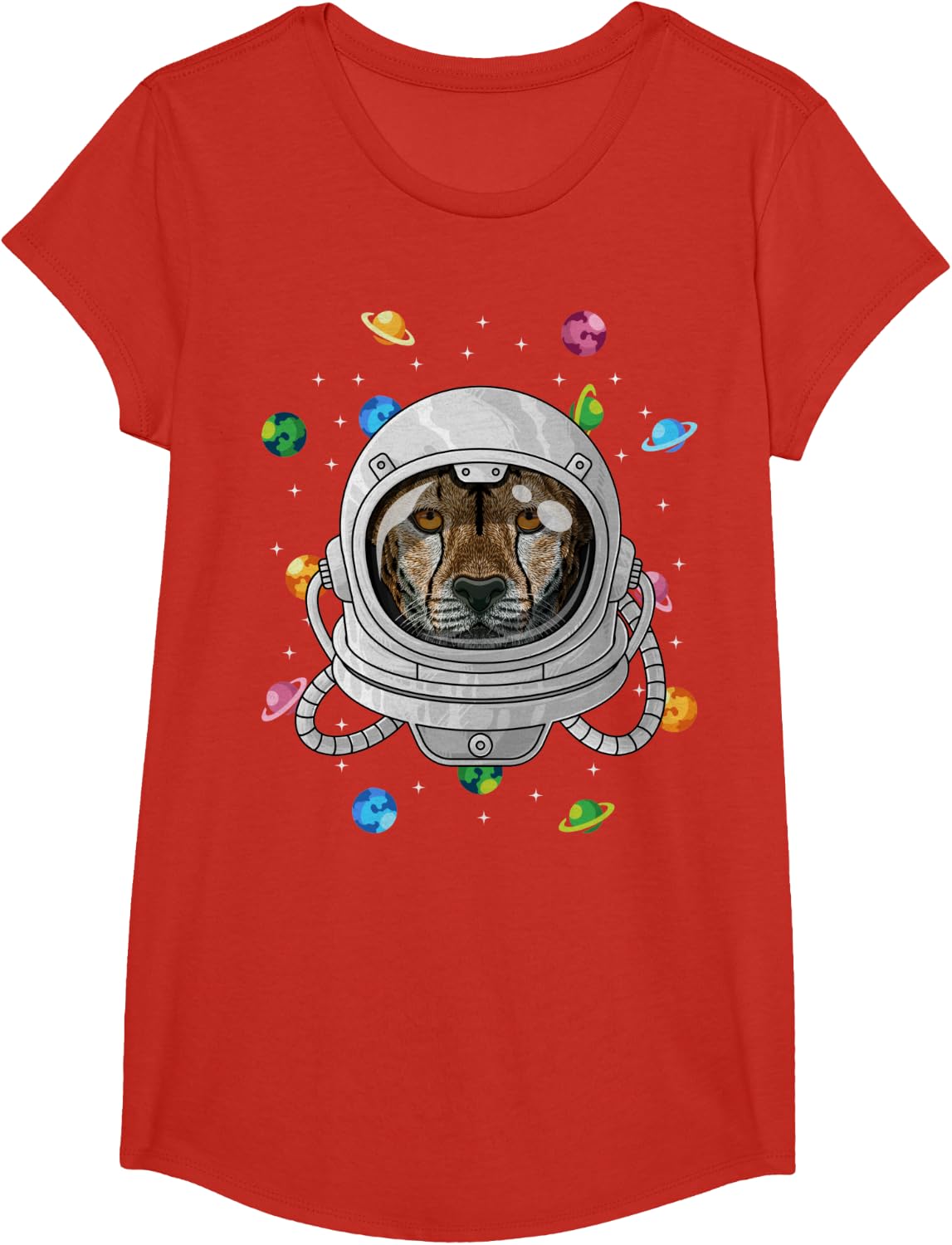 Cheetah Astronaut Animal Deep In Space Cosmic Universe T-Shirt - Girls Red