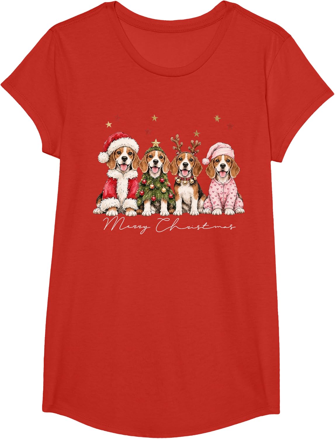 Merry Christmas Beagle Dog Santa Tree Reindeer Kids T-Shirt - Girls Red
