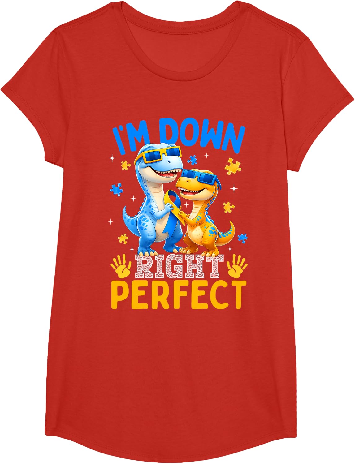 I'm Down Right Perfect Cute Dinosaur Down Syndrome Awareness Tee T-Shirt for Boys Girls - Girls Red
