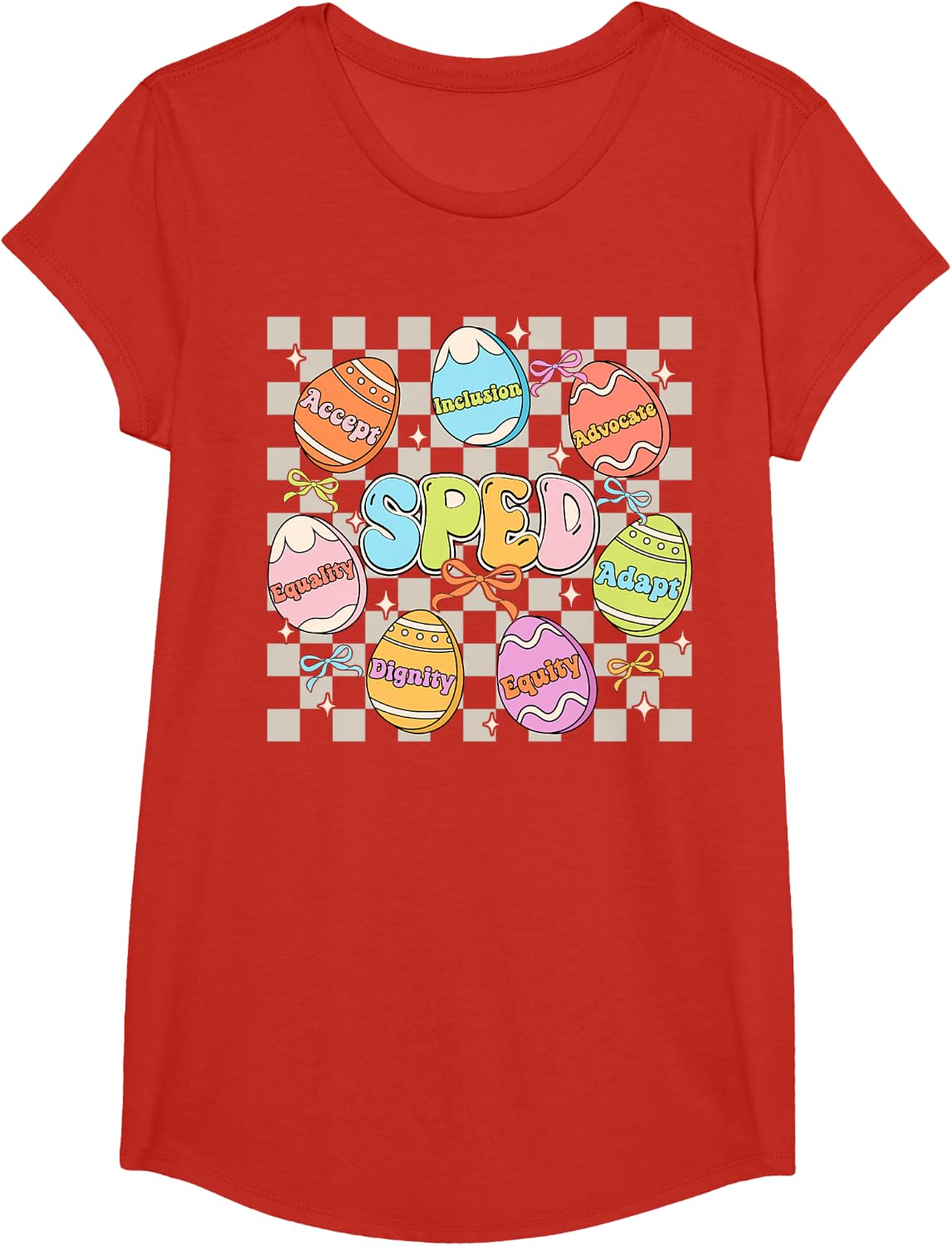 Groovy SPED Teacher Easter Bunny Egg SPED Teaching Men Women T-Shirt - Girls Red