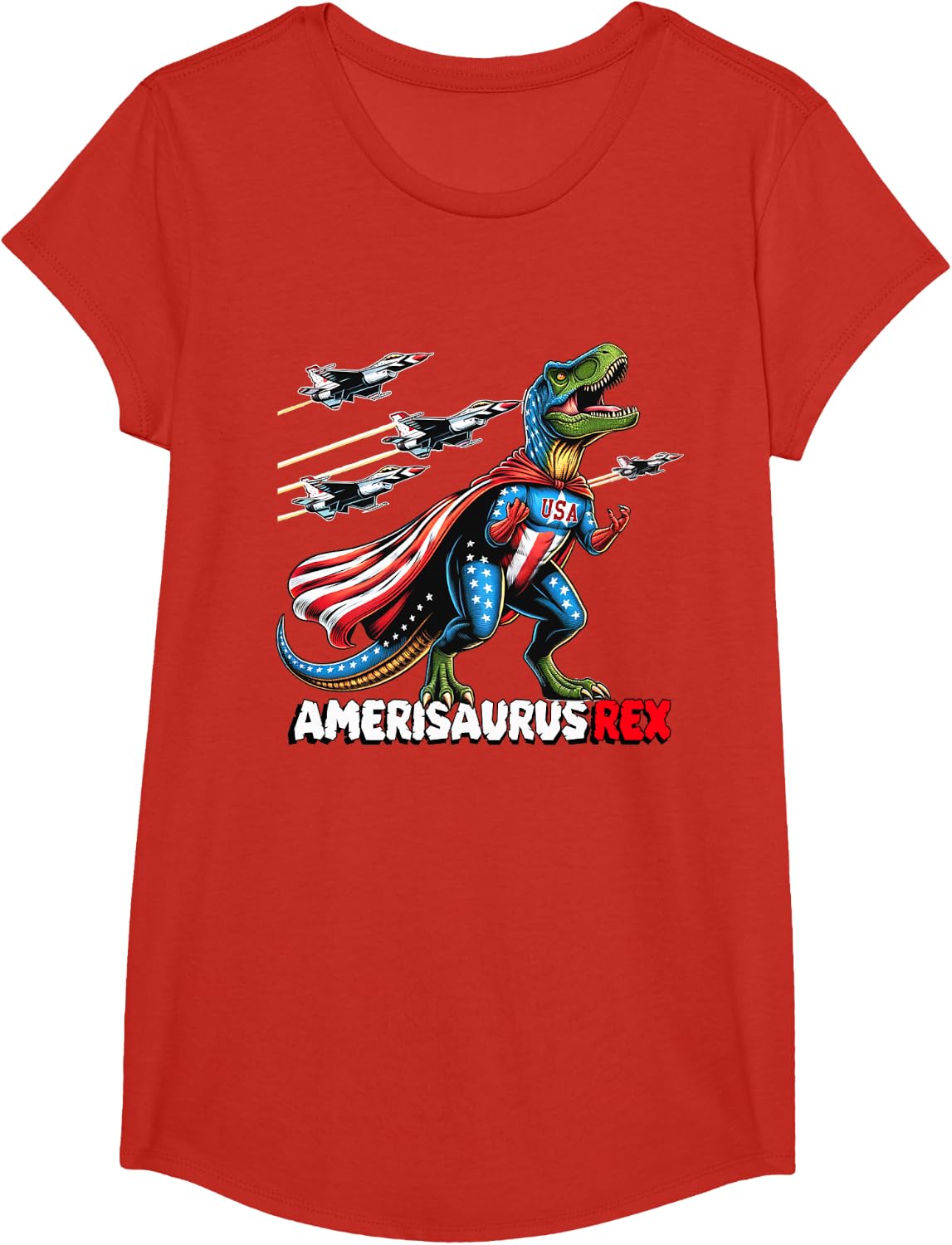 Amerisaurus T-Rex Patriotic Boys Girl 4th of July Flag Jets T-Shirt - Girls Red