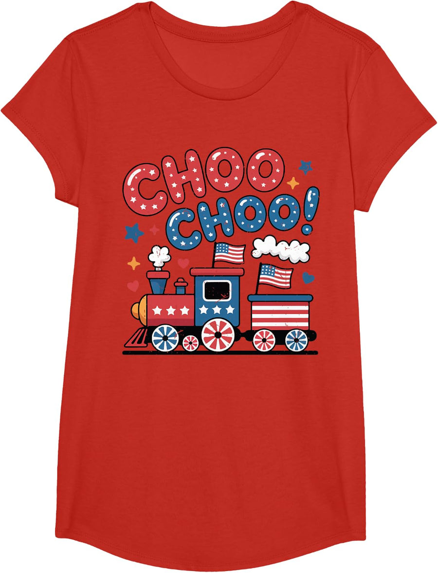 Choo Cute Train 4th July Toddler Boy American Flag Patriotic T-Shirt - Girls Red