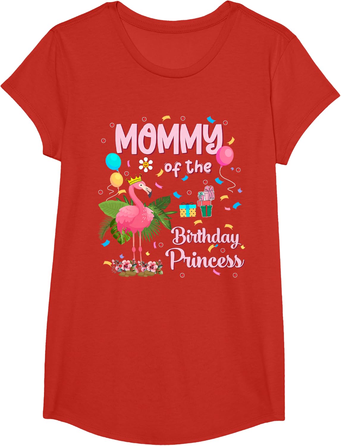 Mommy of the Birthday Princess Pink Flamingo Party Squad T-Shirt - Girls Red