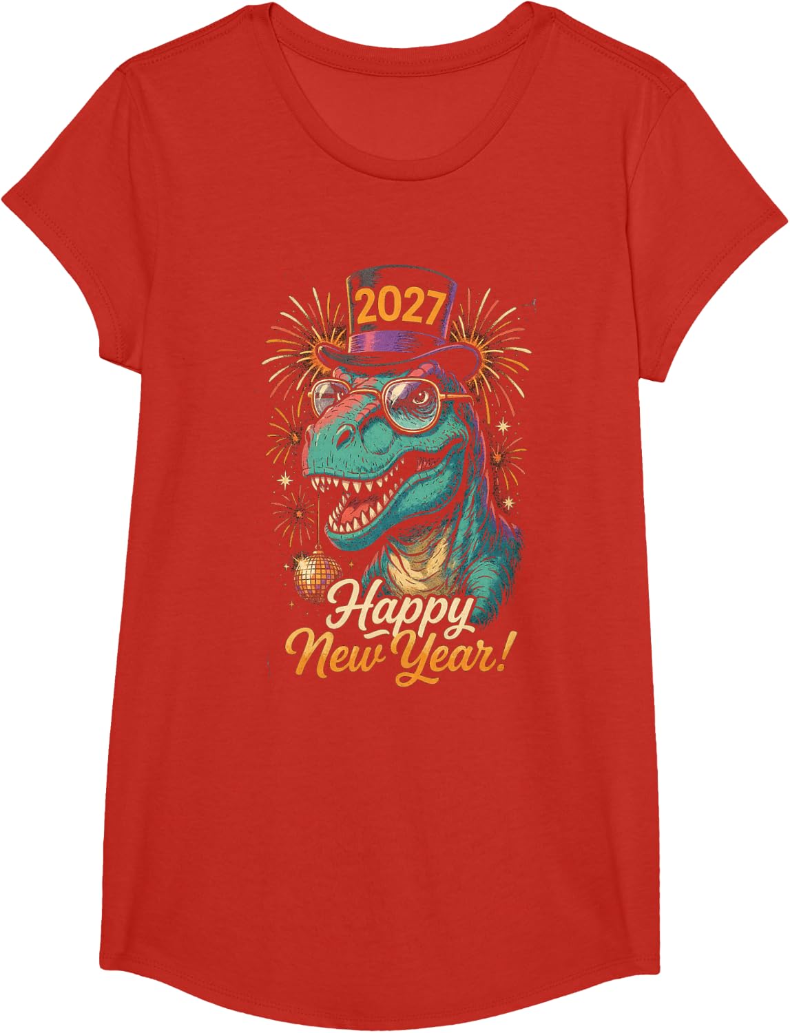 Funny T-Rex Happy New Year 2027 Dinosaur Retro Party T-Shirt - Girls Red