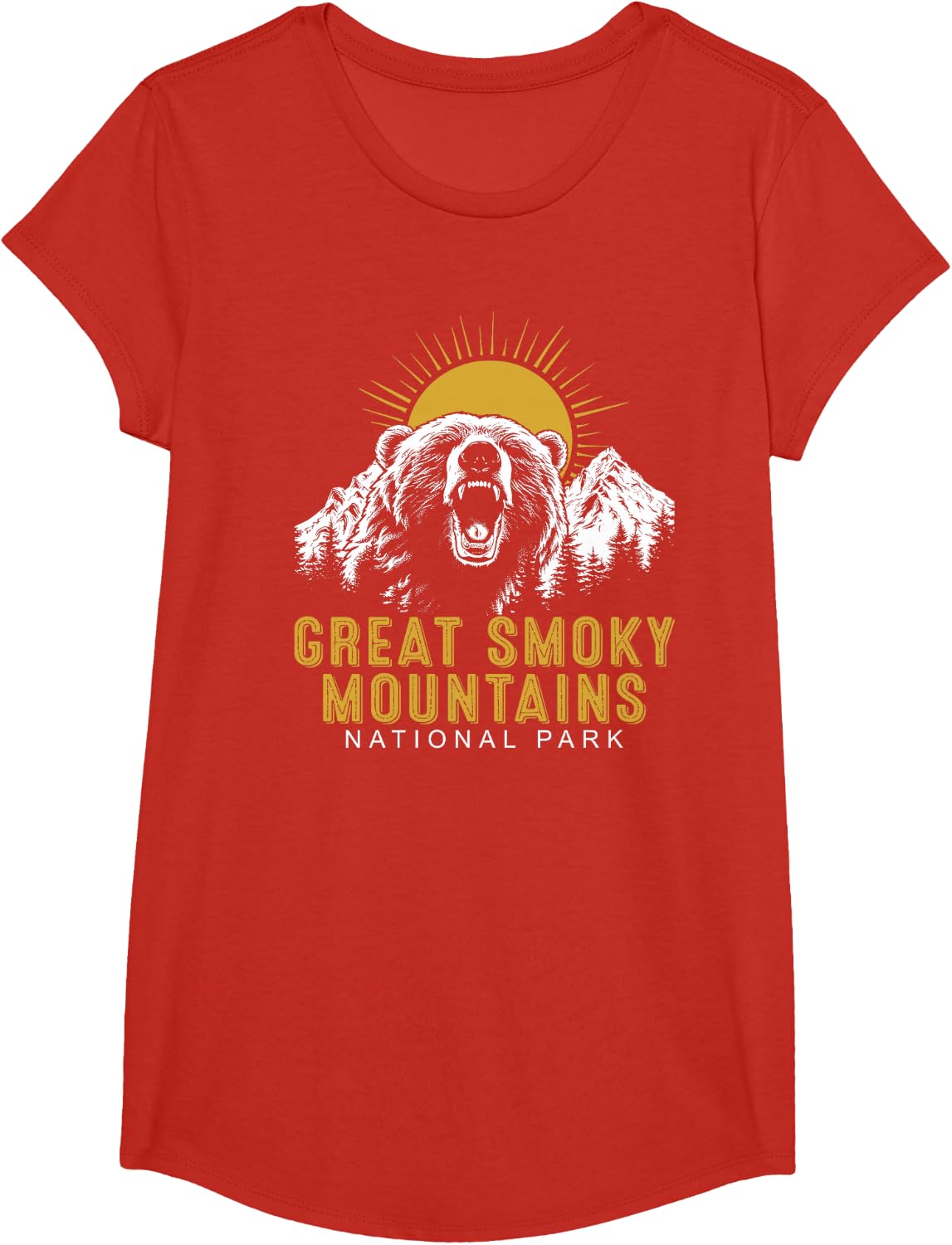 Great Smoky Mountains National Park Vintage Wild Bear Sunset T-Shirt - Girls Red