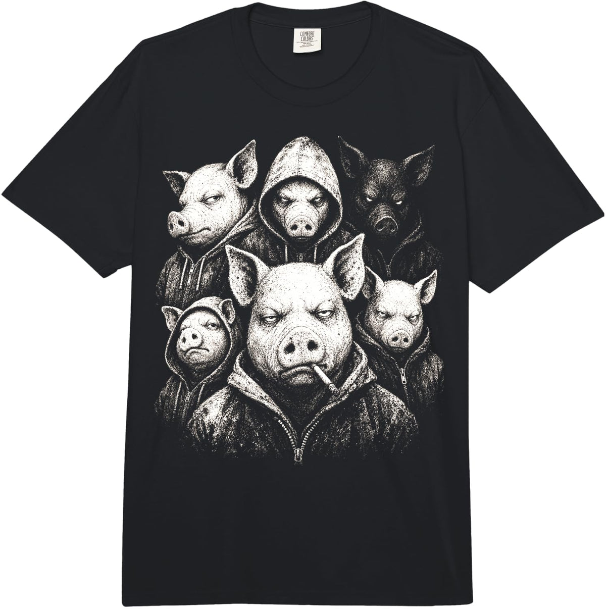 Hooded Pig Gang Urban Street Animal Crew Comfort Colors Adult Heavyweight T-Shirt - Adult Unisex Black
