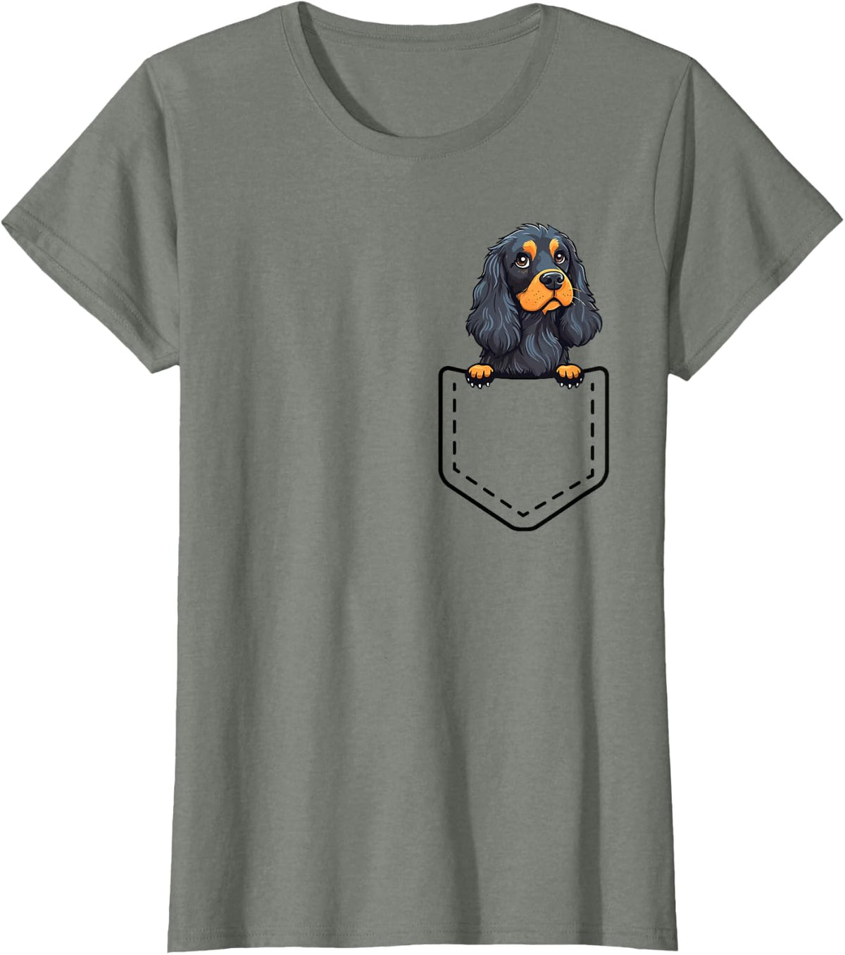 Peeking Black And Tan Cocker Spaniel Inside Pocket Dog Owner T-Shirt - Olive Heather