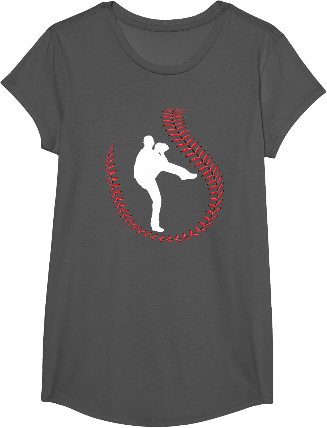 Baseball Pitcher Ball Stitch Silhouette T-Shirt - Girls Asphalt Grey