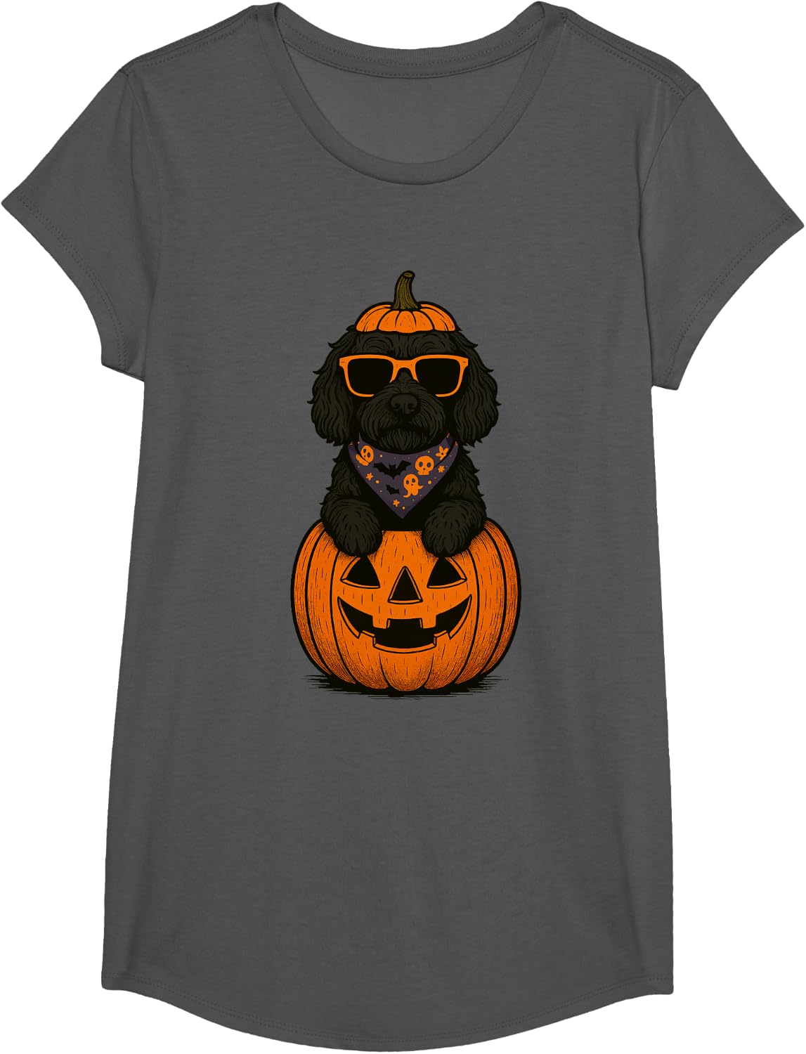 Spooky Labradoodle Pumpkin Halloween Dog Lover T-Shirt - Girls Asphalt Grey