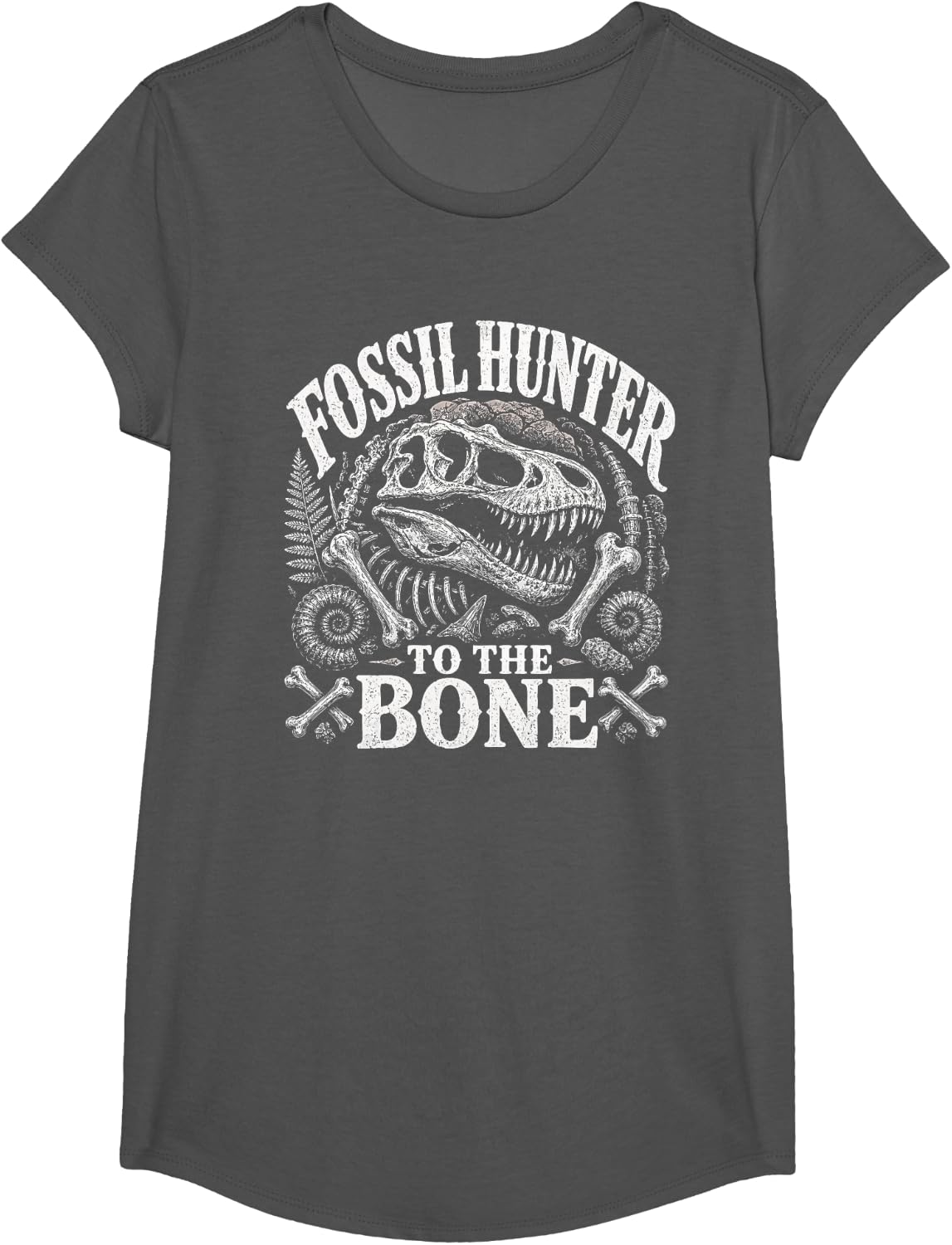 Fossil Hunter Dinosaur Skeleton Paleontology Design T-Shirt - Girls Asphalt Grey