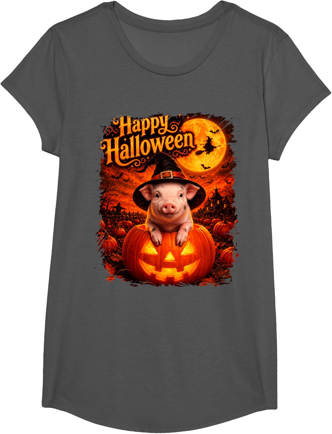 Cute Pig Happy Halloween Night T-Shirt - Girls Asphalt Grey