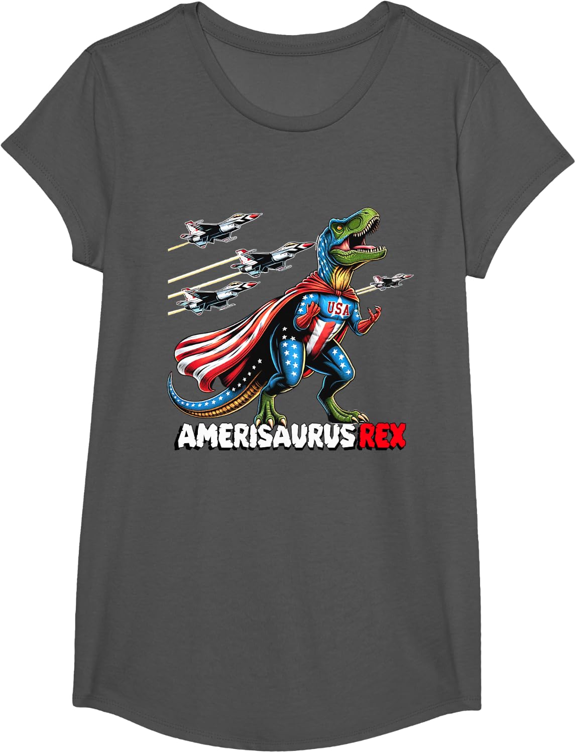 Amerisaurus T-Rex Patriotic Boys Girl 4th of July Flag Jets T-Shirt - Girls Asphalt Grey