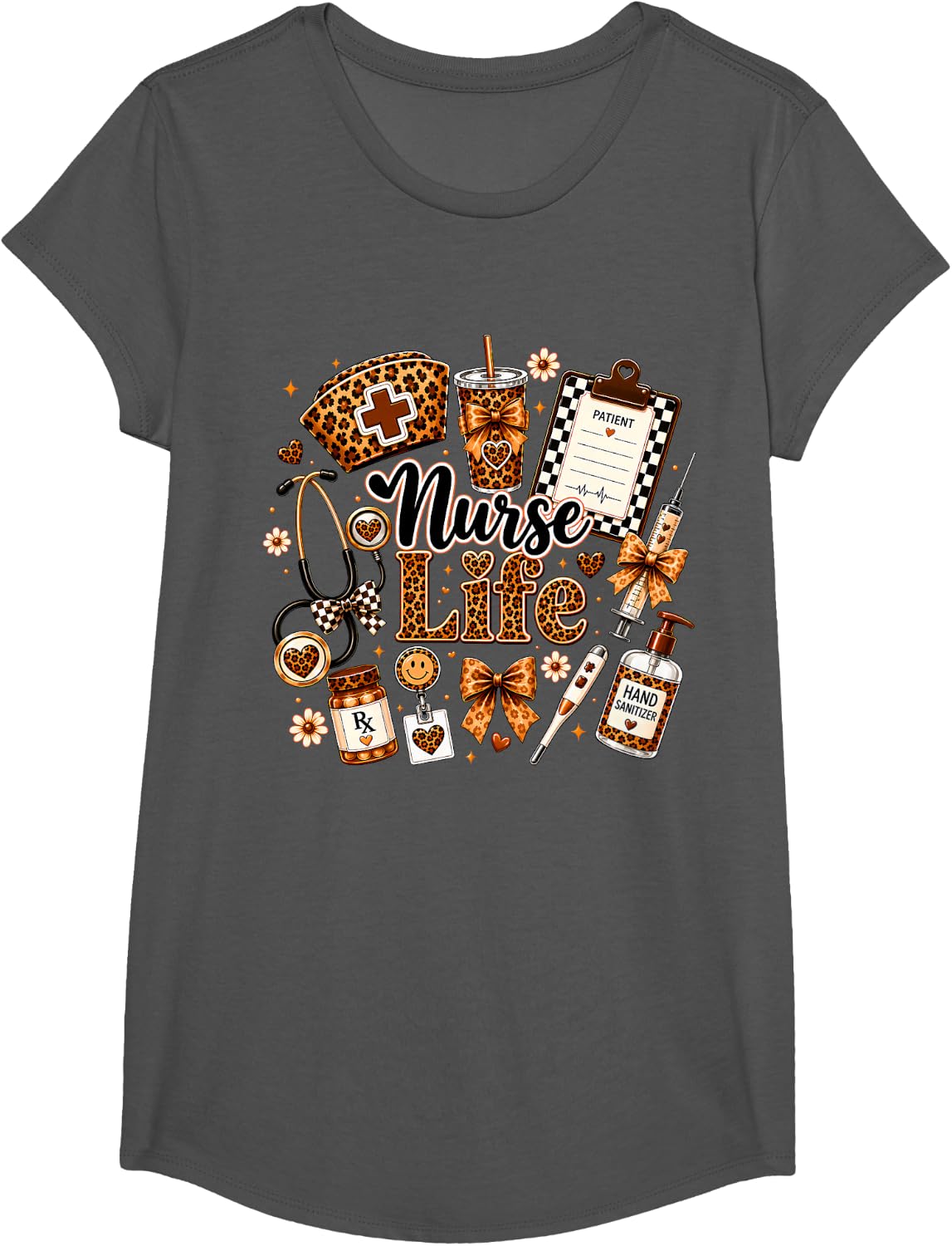 Nurse Life Leopard Print Medical Healthcare Appreciation T-Shirt - Girls Asphalt Grey